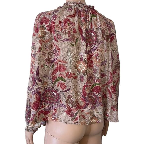 VICI Womens blouse Pink Red Floral Metallic Threading Flowy Boho top Size SM - Picture 6 of 10